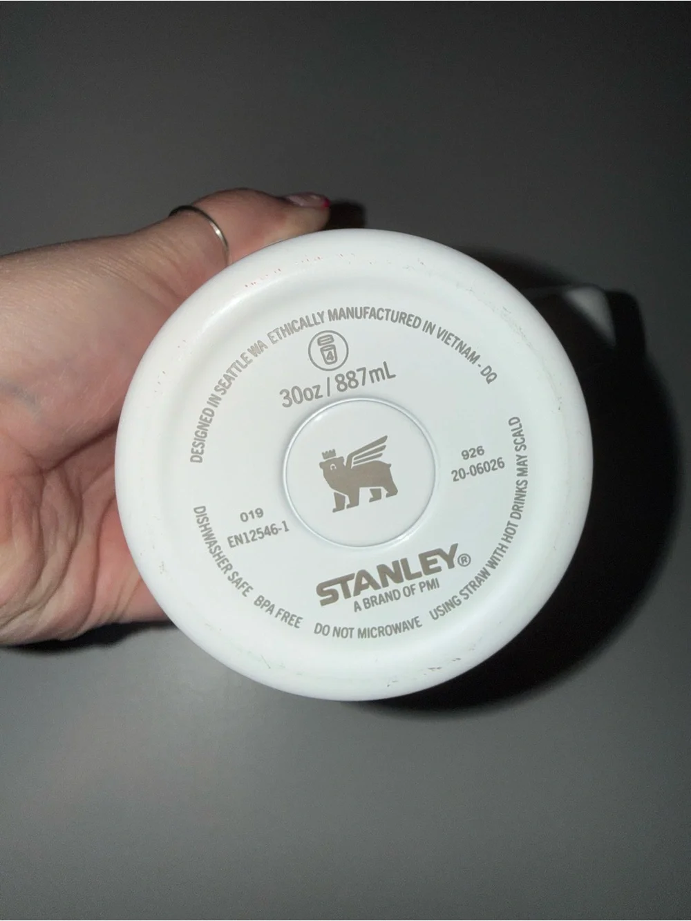 Stanley White Travel Tumbler with Multicolor Star Pattern and Handle